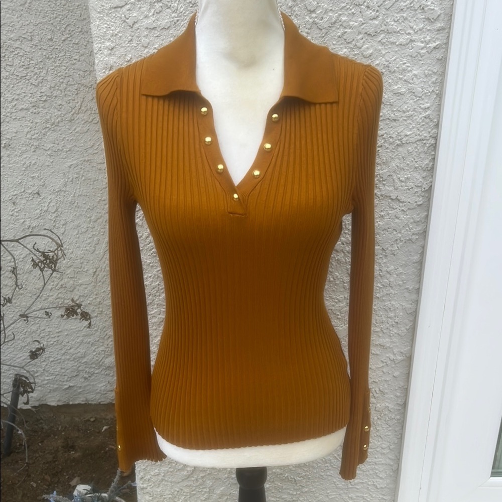 Belldini Flared Sleeve Johnny Collar Boho Sweater Arrowood Gold Women Size S NWT